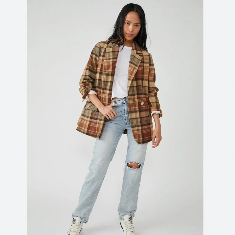 Free People Mari Plaid Blazer in Winter Wheat